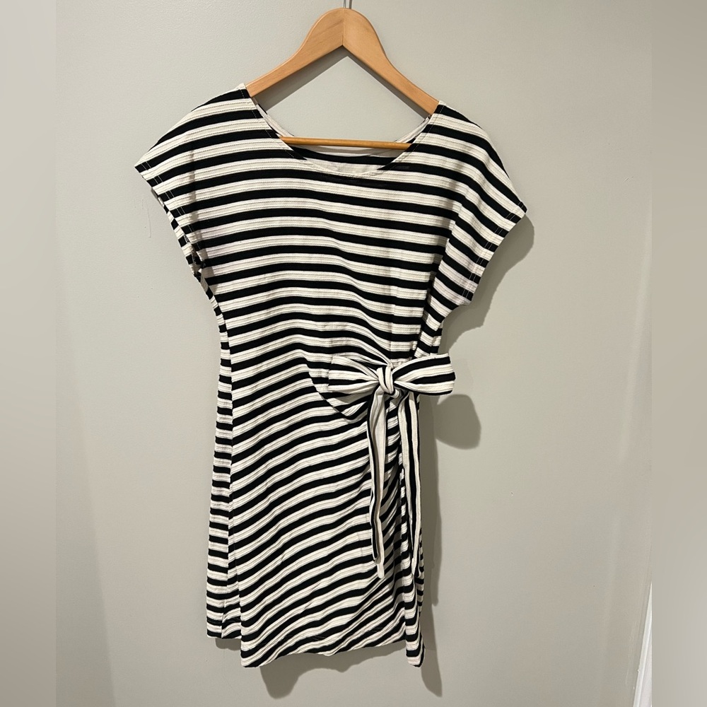 Anthropologie Saturday/Sunday Yael Black & Cream Stripe Bow Tie-Waist Mini Dress